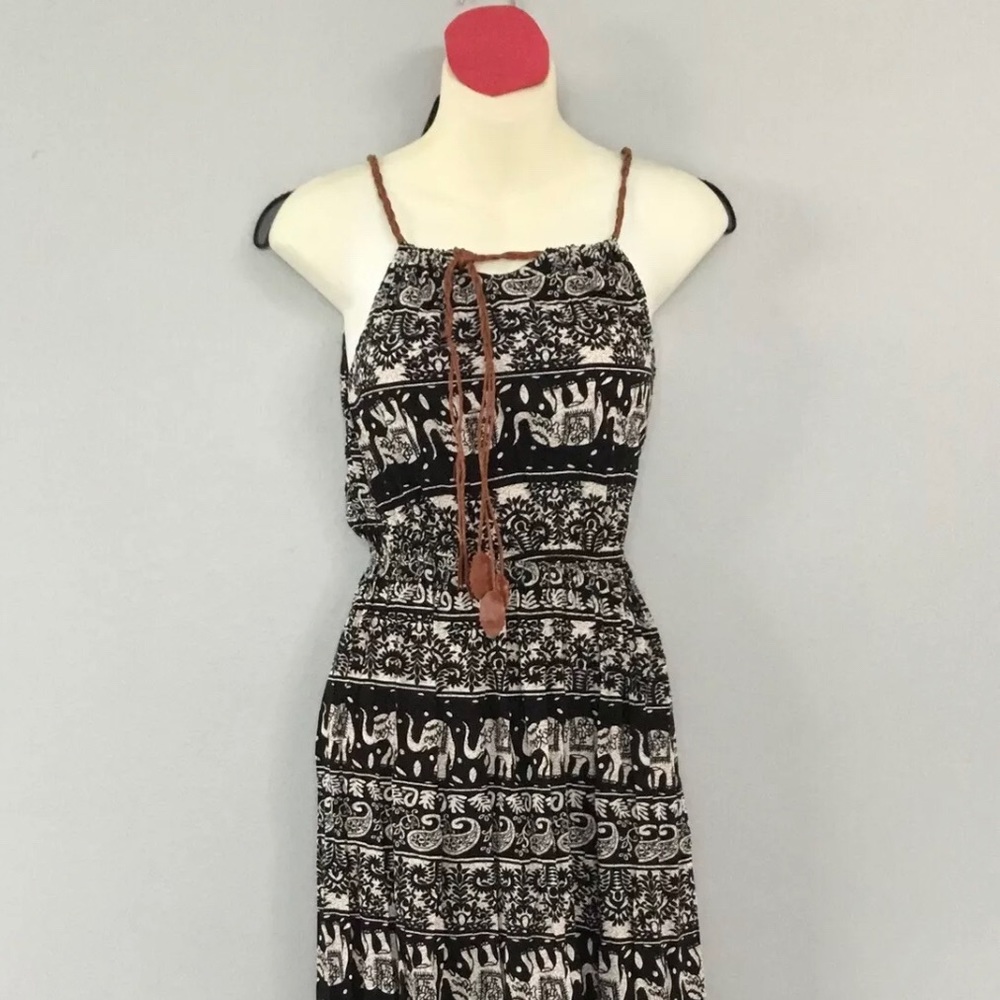 Summer Midi Dress Black White Elastic Waist